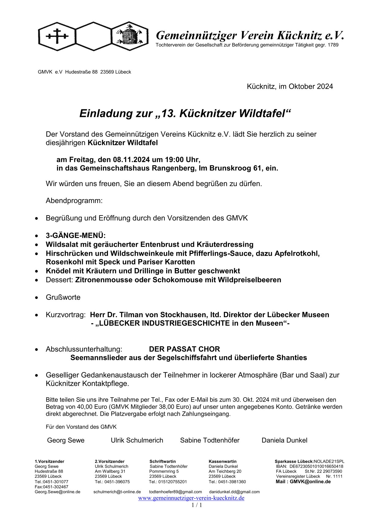 Kücknitzer Wildtafel Einladung 08.11.2024